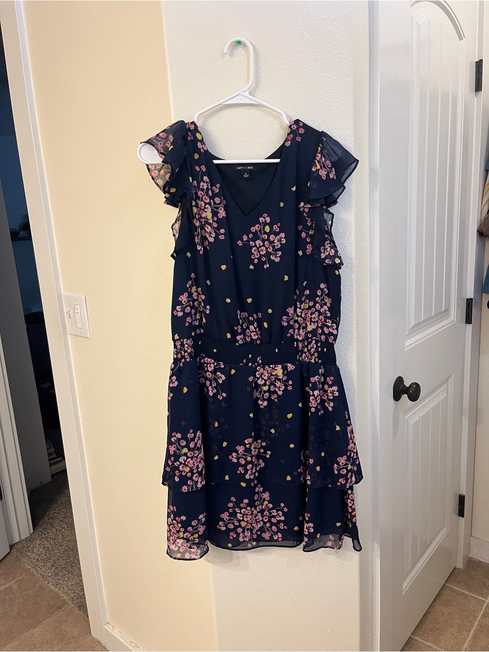 Navy Floral Ruffle-Sleeve Mini Dress